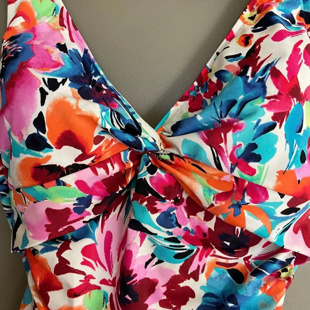 Swim Solutions Twist Bodice Allover‎ Slimming One-Piece Swimsuit Size 12 Floral - Picture 7 of 16